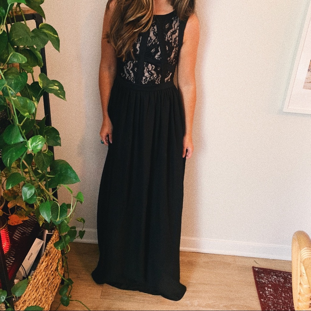 Black and nude lace maxi dress